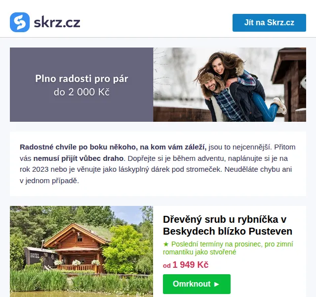 Skrz: Dřevěný srub u Pusteven od 1 949 Kč – prosinec 2026 | Nuslet.cz