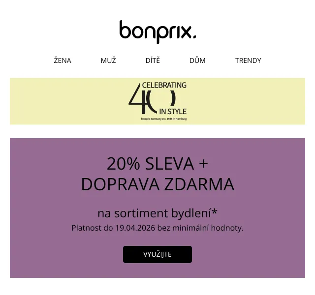 Bonprix: 20 % sleva na bydlení + doprava zdarma