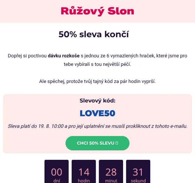 Růžový Slon: 50% sleva slevový kód – srpen 2026