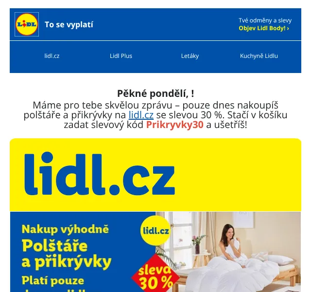 Lidl: polštáře a přikrývky -30 % s kódem – říjen 2026