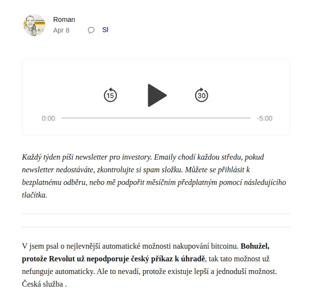 Substack: Jak automaticky nakupovat Bitcoin – červen 2026 | Nuslet.cz