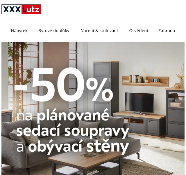 XXXLutz: -50 % na sedačky a obývací stěny – červenec 2026