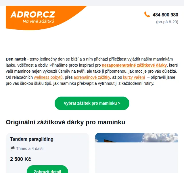 Adrop: Zážitky pro Den matek – wellness, paragliding, sushi – červen 2026 | Nuslet.cz