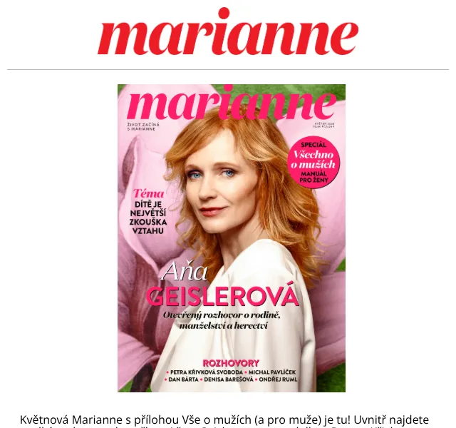 Marianne: květen 2026 – Aňa Geislerová, rodinné vztahy | Nuslet.cz