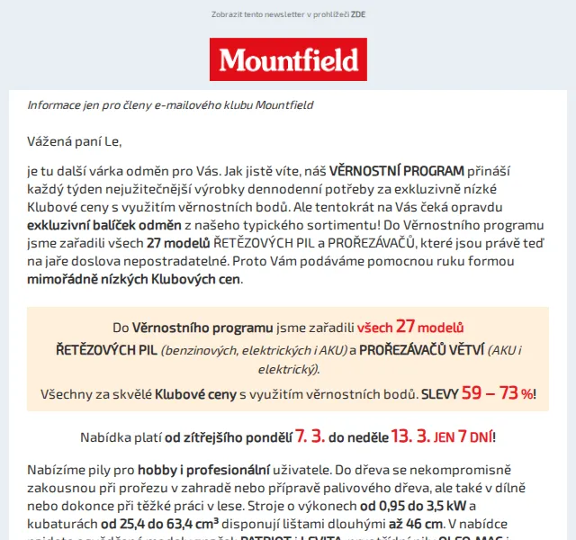 Mountfield: Řetězové pily a prořezávače se slevou 59–73 % – březen 2026 | Nuslet.cz