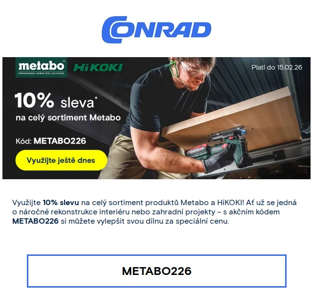 Conrad Electronic: 10% sleva na Metabo a HiKOKI – červenec 2026 | Nuslet.cz