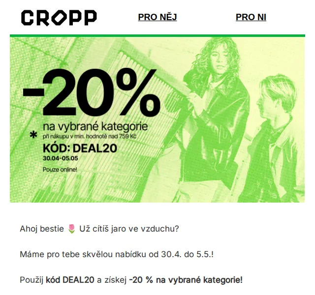 Cropp: -20 % na přivítání května – červenec 2026 | Nuslet.cz