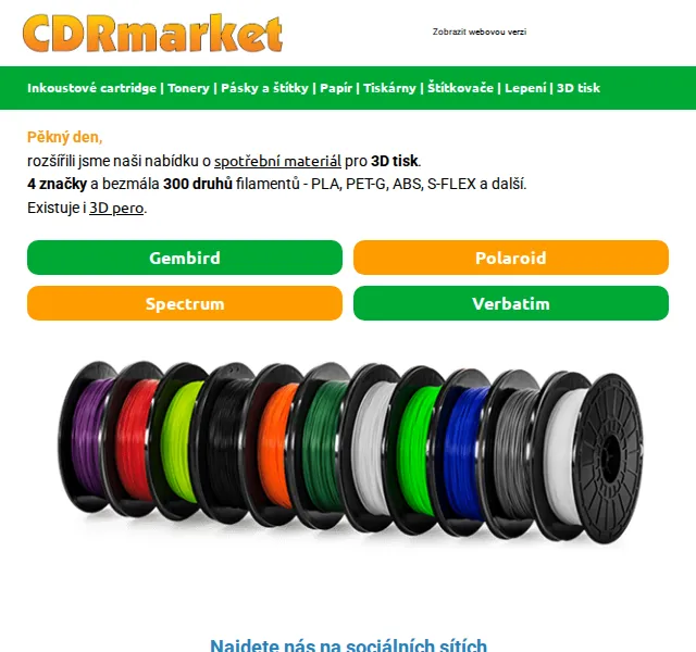 CDRmarket: 3D filamenty Gembird, Spectrum, Polaroid – až 300 druhů – červen 2026 | Nuslet.cz