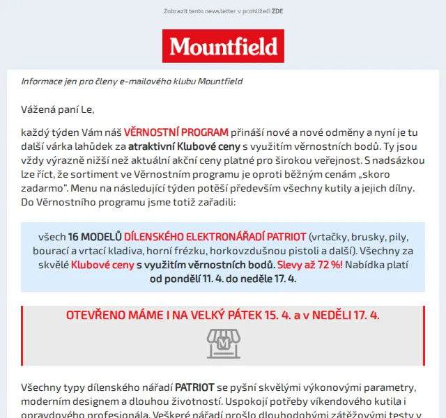 Mountfield: Věrnostní program s nářadím PATRIOT – červen 2026 | Nuslet.cz