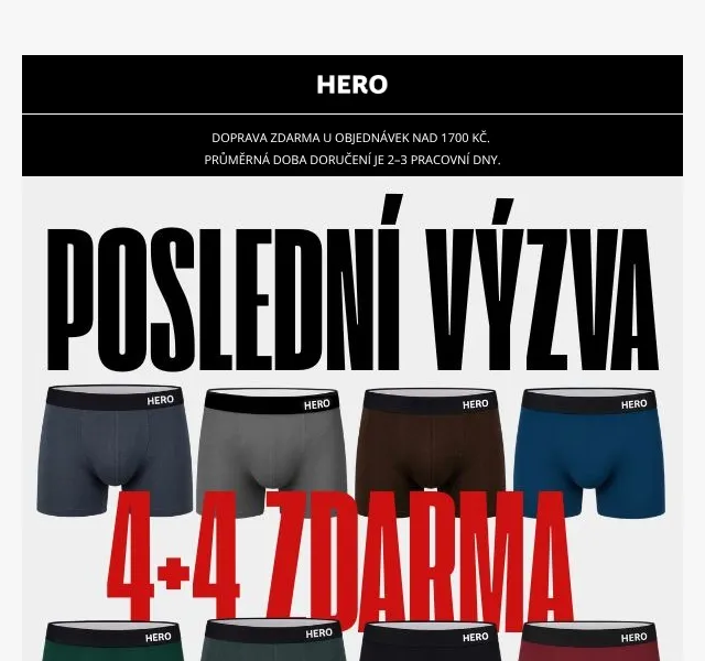 HERO: 4+4 boxerky zdarma – sleva 50 % – září 2026