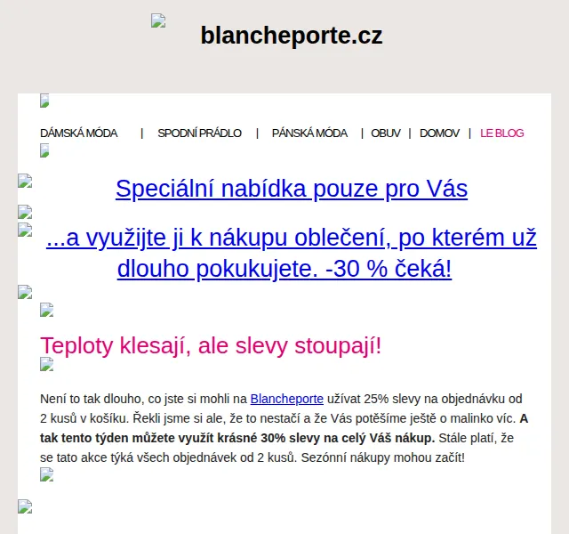 Blancheporte: sleva 30 % na celý nákup + módní kousky – červen 2026 | Nuslet.cz