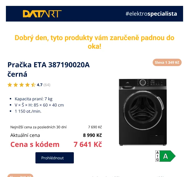 DATART: pračky a chladničky se slevou až 1 349 Kč – září 2026