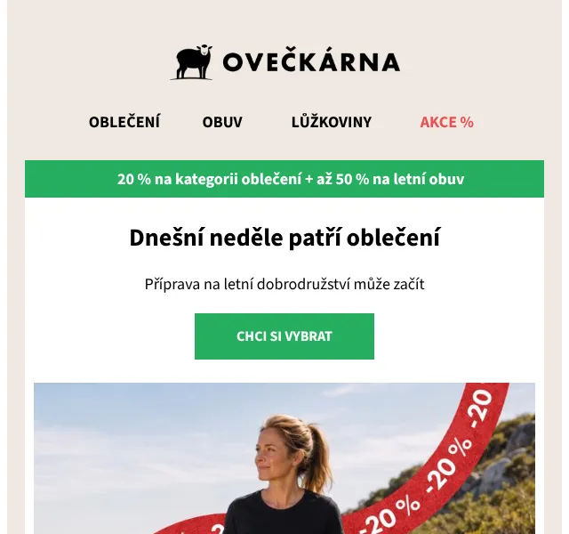Ovečkárna: 20 % na oblečení + až 50 % obuv – červen 2026
