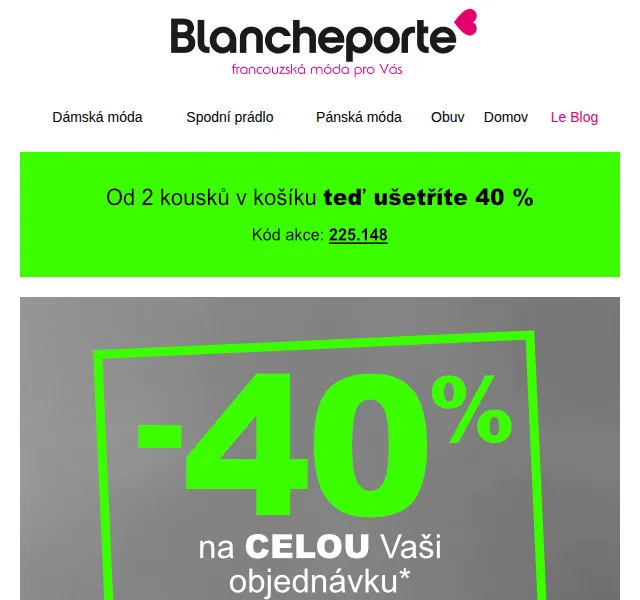 Blancheporte: Slevový kupón -40 % od 2 ks – červen 2026 | Nuslet.cz