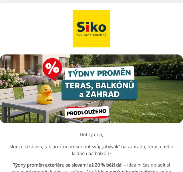 SIKO koupelny: 15 % sleva na zahradní nábytek – duben 2026