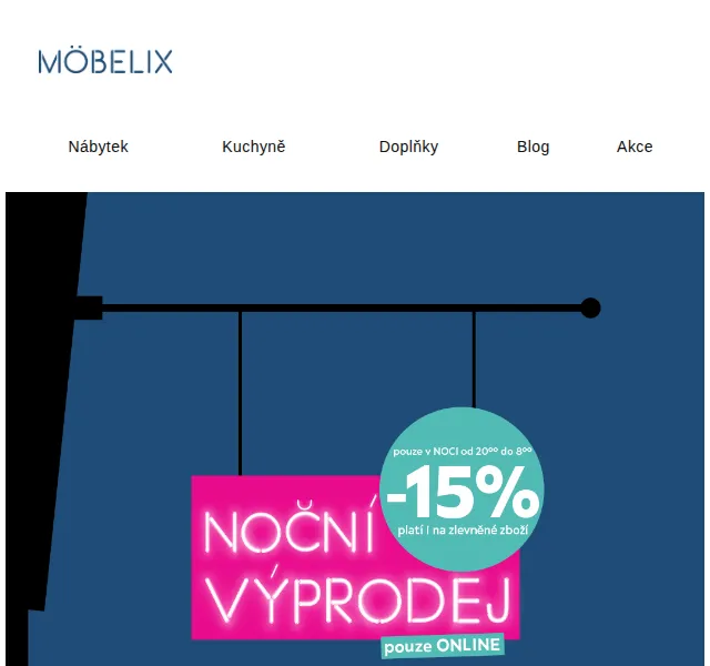 Möbelix: Noční výprodej s kódem NOC15 – červen 2026 | Nuslet.cz