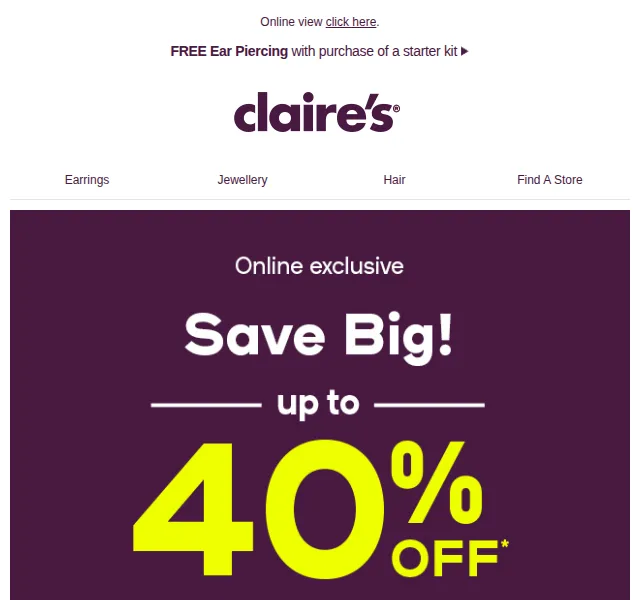 Claire's: 40% sleva na vše a 3+3 zdarma – červen 2026 | Nuslet.cz