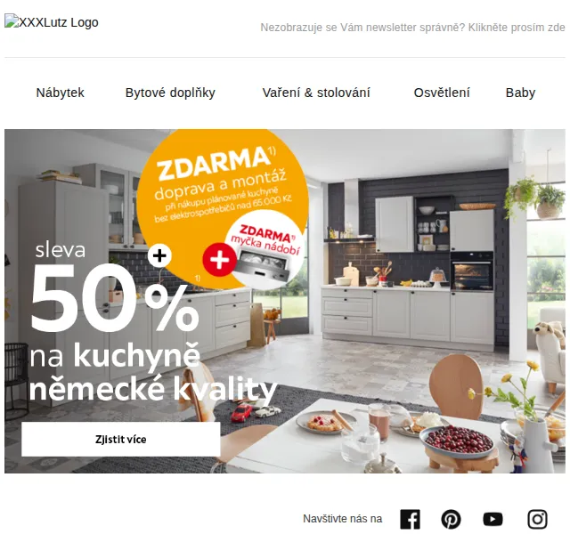 XXXLutz: 50% sleva na kuchyně + myčka ZDARMA – červen 2026 | Nuslet.cz