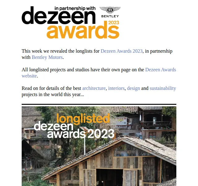 Dezeen Daily: Dlouhé seznamy Dezeen Awards 2023 – červenec 2026 | Nuslet.cz