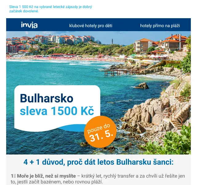 Invia: Bulharsko sleva 1 500 Kč – květen 2026