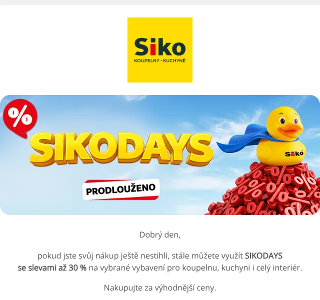 SIKO KOUPELNY: až 30 % sleva – červenec 2026 | Nuslet.cz