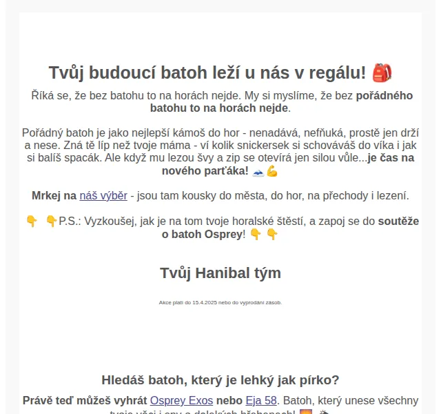 Hanibal: batohy Osprey a další – červenec 2026 | Nuslet.cz