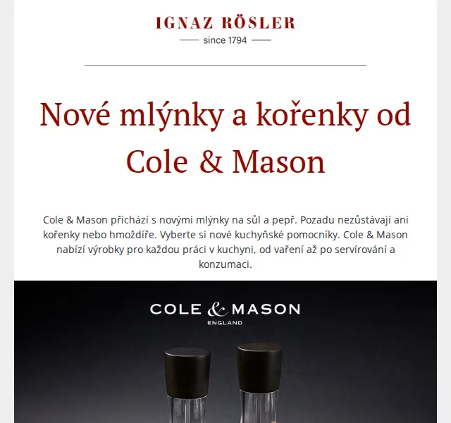 Ignazrosler.cz: Nové mlýnky a kořenky Cole & Mason – červenec 2026 | Nuslet.cz
