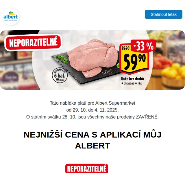 Albert: Mléko za 11,90 Kč, Actimel 64,90 Kč – listopad 2025 | Nuslet.cz