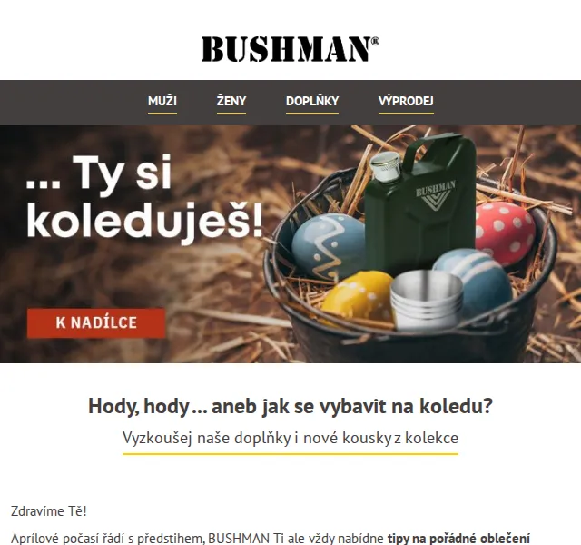 BUSHMAN: Velikonoční výbava – placatka za 399 Kč – červen 2026 | Nuslet.cz