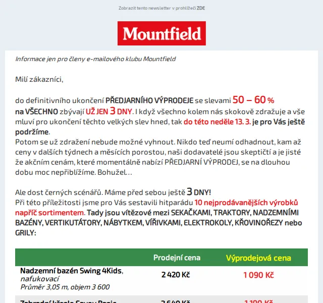 Mountfield: Předjarní výprodej se slevami 50–60 % – březen 2026 | Nuslet.cz