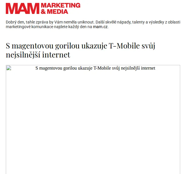 Marketing & Media: Nová kampaň T-Mobile T Fiber s magentovou gorilou – červenec 2026 | Nuslet.cz