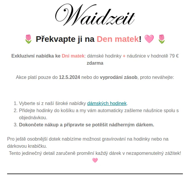 Waidzeit: Dámské hodinky + náušnice 79 € zdarma – Den matek 2026 | Nuslet.cz