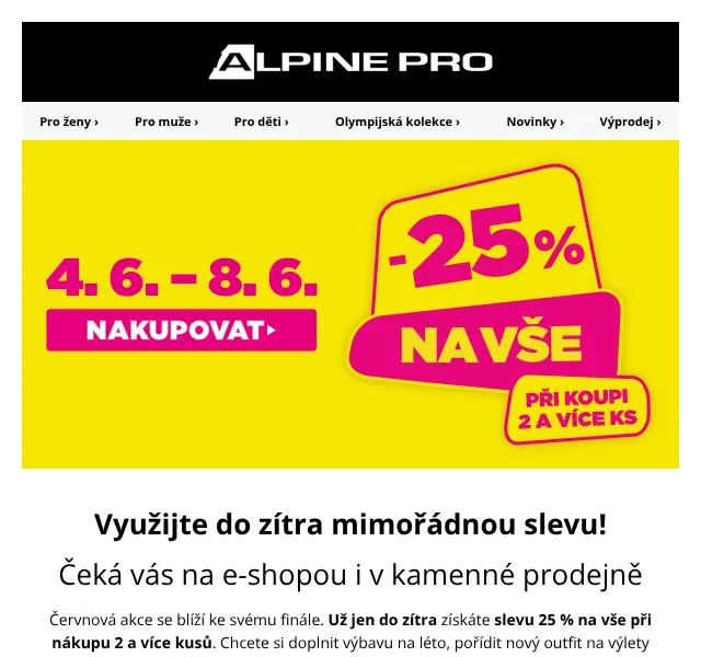 ALPINE PRO: sleva 25 % na vše – červen 2026 | Nuslet.cz