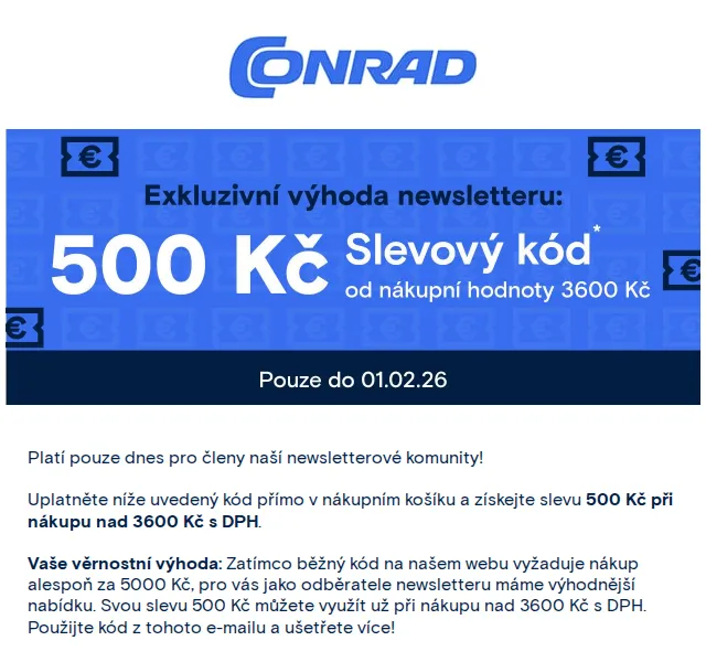 Conrad Electronic: Sleva 500 Kč na nákup nad 3600 Kč – červenec 2026 | Nuslet.cz