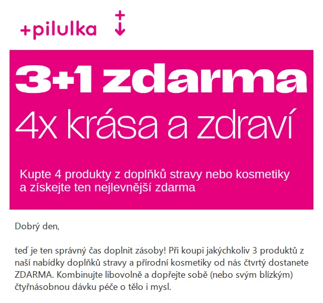Pilulka.cz: 3+1 zdarma na doplňky stravy a kosmetiku – červenec 2026 | Nuslet.cz