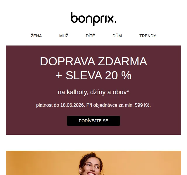 Bonprix: 20% sleva na kalhoty, džíny a obuv – červen 2026