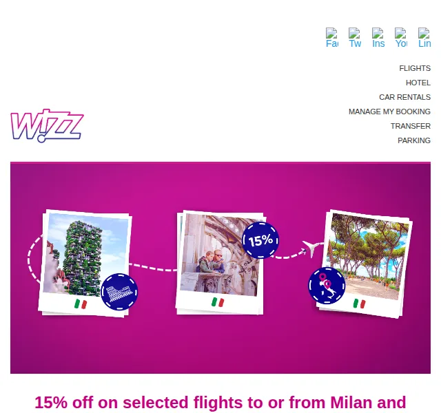 Wizz Air: 15% sleva na letenky do Milána a Říma – červenec 2026 | Nuslet.cz