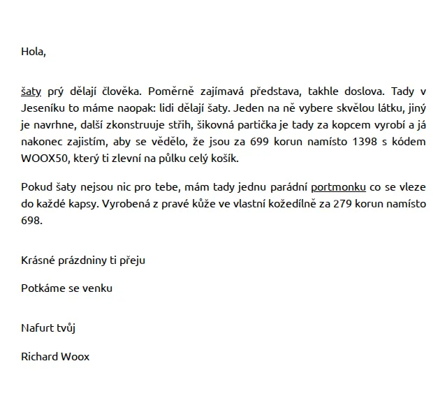 Richard Woox: Šaty a kožená portmonka – červenec 2026 | Nuslet.cz
