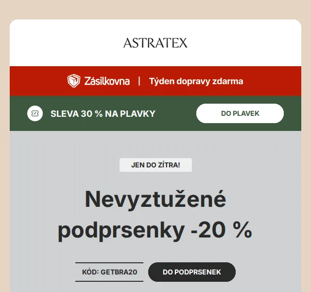 Astratex.cz: Podprsenky -20 %, plavky -30 % – květen 2026