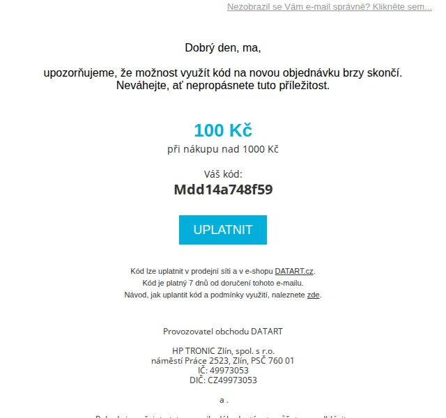 DATART: 100 Kč sleva na nákup nad 1000 Kč – červen 2026 | Nuslet.cz