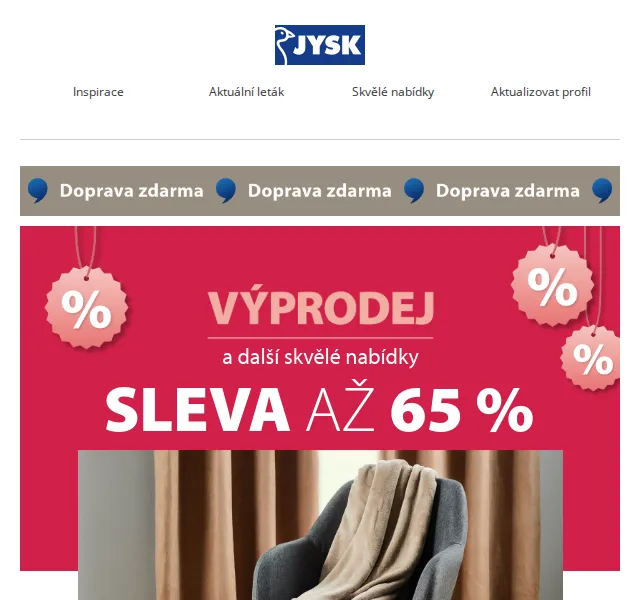 JYSK: Až 65 % sleva na nábytek + doprava zdarma – duben 2026
