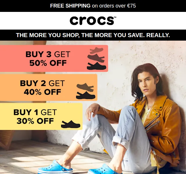 Crocs: Take 1 pair OFF 30 %, 2 pairs OFF 40 %, 3 pairs OFF 50 % – červen 2026 | Nuslet.cz