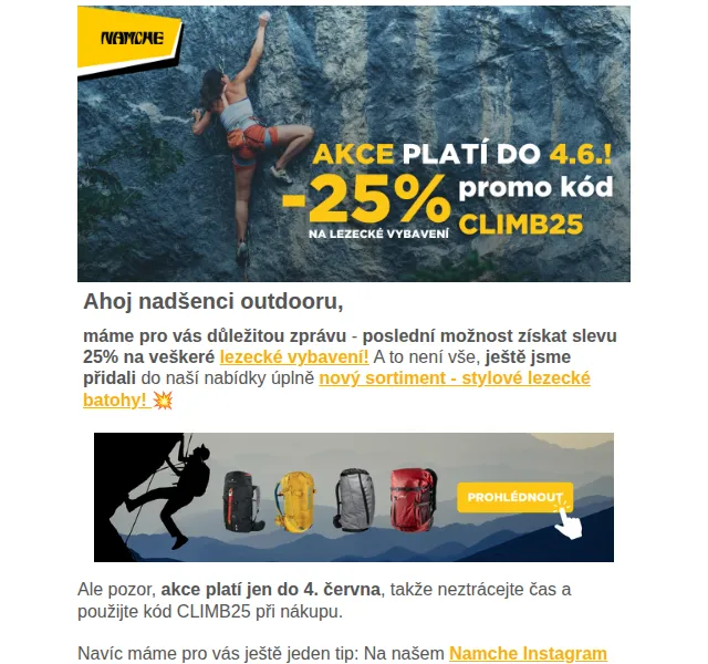 Namcheshop: Sleva 25 % na lezecké batohy a vybavení – červenec 2026 | Nuslet.cz