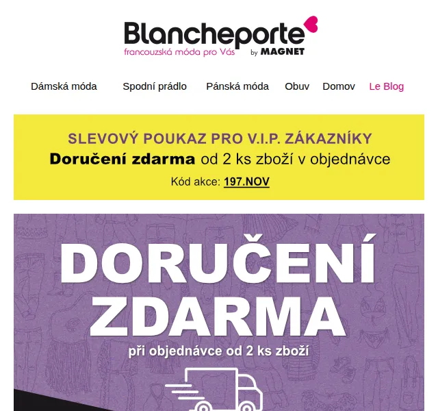 Blancheporte: VIP kupón doručení zdarma + slevy až -70 % – listopad 2026 | Nuslet.cz