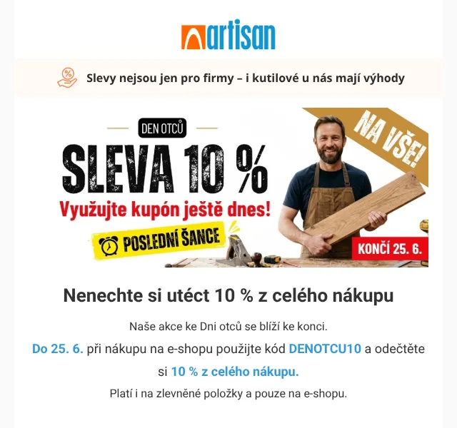 Artisan.cz: 10 % sleva na dřevo a stavební prvky – červen 2026 | Nuslet.cz