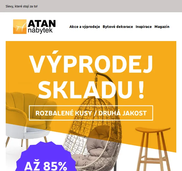 ATAN nábytek: Výprodej skladu až 85 % sleva – červenec 2026 | Nuslet.cz