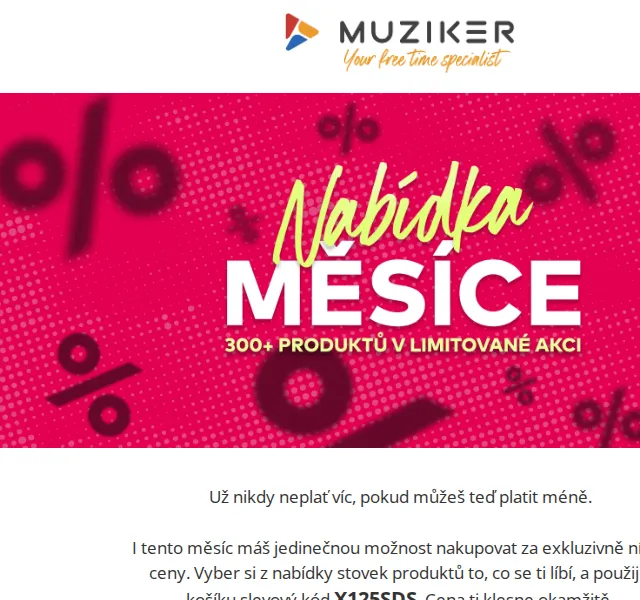 Muziker: Slevový kód na oblíbené produkty – červen 2026 | Nuslet.cz