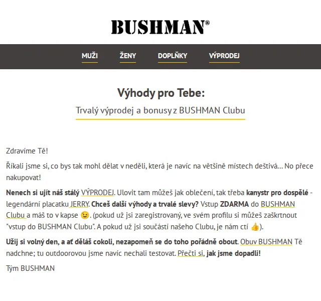 BUSHMAN: trvalý výprodej až 30 % – červenec 2026 | Nuslet.cz