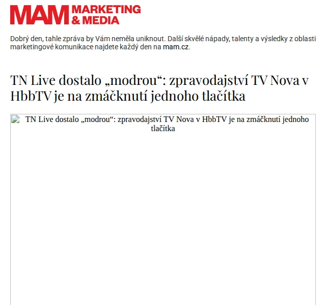 Marketing & Media: TN Live – modré tlačítko HbbTV – červenec 2026 | Nuslet.cz