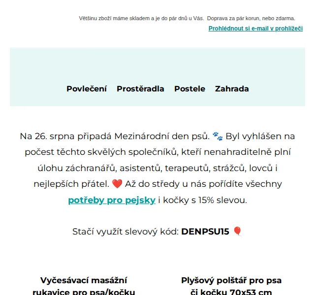 Výprodej povlečení: 15% sleva na potřeby pro psy a kočky – srpen 2026 | Nuslet.cz